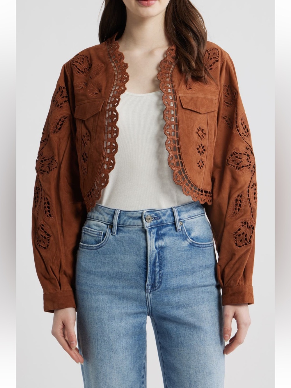 Farm Rio Richelieu Caramel Leather Embroidered Jacket